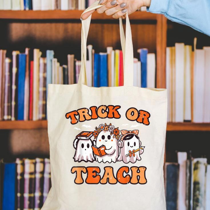 Halloween Teacher Ghosts Trick Or Teach Retro Costume Women Canvas Tote Bag, funny gift