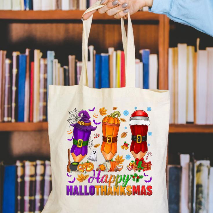 Happy Hallothanksmas Halloween Thanksgiving Pencils Teachers Canvas Tote Bag, funny gift Happy Hallothanksmas Halloween Thanksgiving Pencils Teachers Canvas Tote Bag, funny gift
