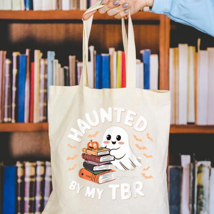 Haunted By My TBR Cute Ghost Book Reading Teacher Halloween Canvas Tote Bag, funny gift Haunted By My TBR Cute Ghost Book Reading Teacher Halloween Canvas Tote Bag, funny gift