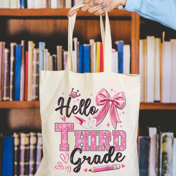 Hello Third Grade First Day Of School Coquette Teacher Girl Canvas Tote Bag, First Grade Teacher Tote Bags, funny gift Hello Third Grade First Day Of School Coquette Teacher Girl Canvas Tote Bag, First Grade Teacher Tote Bags, funny gift