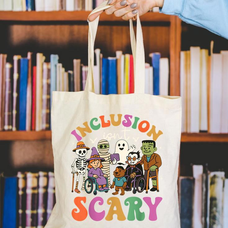 Inclusion Isnt Scary Halloween Skeleton Ghost Sped Teacher Canvas Tote Bag, funny gift Inclusion Isnt Scary Halloween Skeleton Ghost Sped Teacher Canvas Tote Bag, funny gift