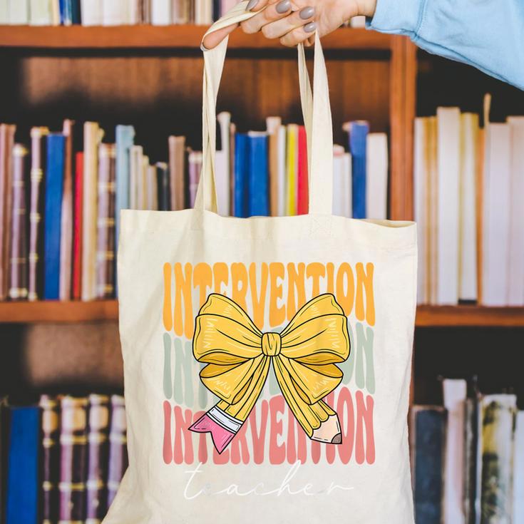 Interventionist Teacher Groovy Coquette Bow Back To School Canvas Tote Bag, Groovy Teacher Tote Bags, funny gift Interventionist Teacher Groovy Coquette Bow Back To School Canvas Tote Bag, Groovy Teacher Tote Bags, funny gift