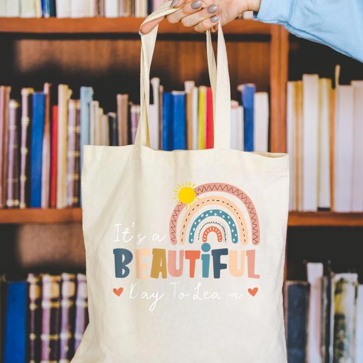It's A Beautiful Day To Learn Cute Rainbow Boho Teacher Canvas Tote Bag, funny gift It's A Beautiful Day To Learn Cute Rainbow Boho Teacher Canvas Tote Bag, funny gift