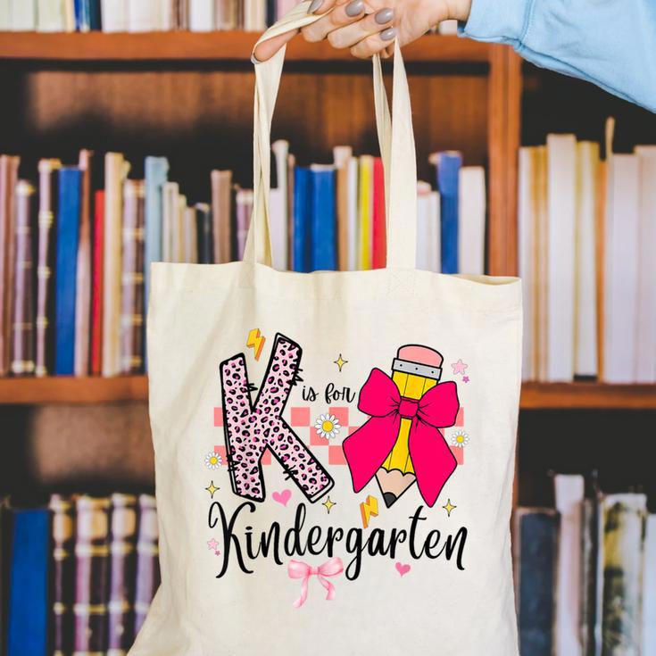 K Is For Kindergarten Teacher Coquette Bow Back To School Canvas Tote Bag, funny gift K Is For Kindergarten Teacher Coquette Bow Back To School Canvas Tote Bag, funny gift