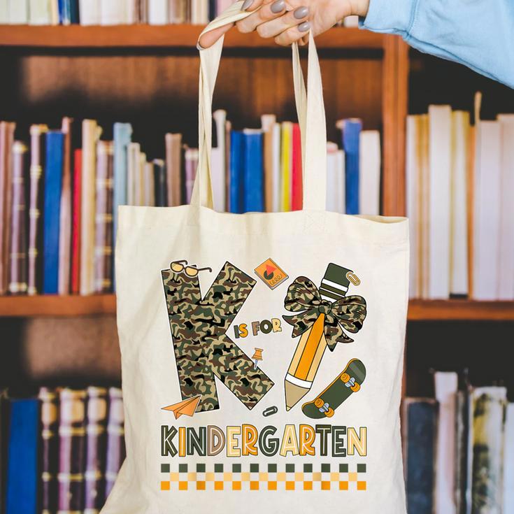 K Is For Kindergarten Teacher Coquette Bow Camo Canvas Tote Bag, funny gift K Is For Kindergarten Teacher Coquette Bow Camo Canvas Tote Bag, funny gift