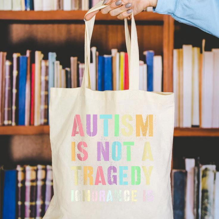 Kids AUTISM IS NOT A TRAGEDY IGNORANCE IS Proud Teacher Crew Canvas Tote Bag, funny gift