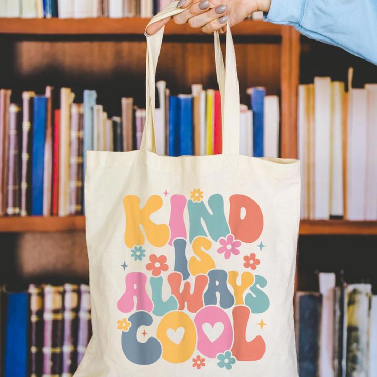 Kind Is Always Cool Groovy Teacher Be Kind Kindness Matters Canvas Tote Bag, Groovy Teacher Tote Bags, funny gift Kind Is Always Cool Groovy Teacher Be Kind Kindness Matters Canvas Tote Bag, Groovy Teacher Tote Bags, funny gift
