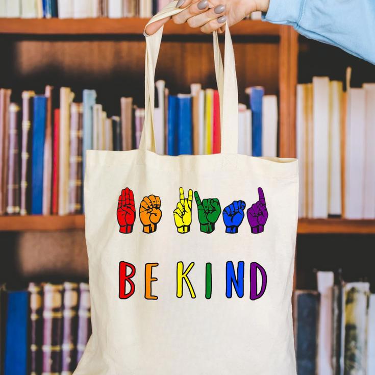 Be Kind Pride Sign Language Rainbow Teachers Interpreter ASL Canvas Tote Bag, funny gift
