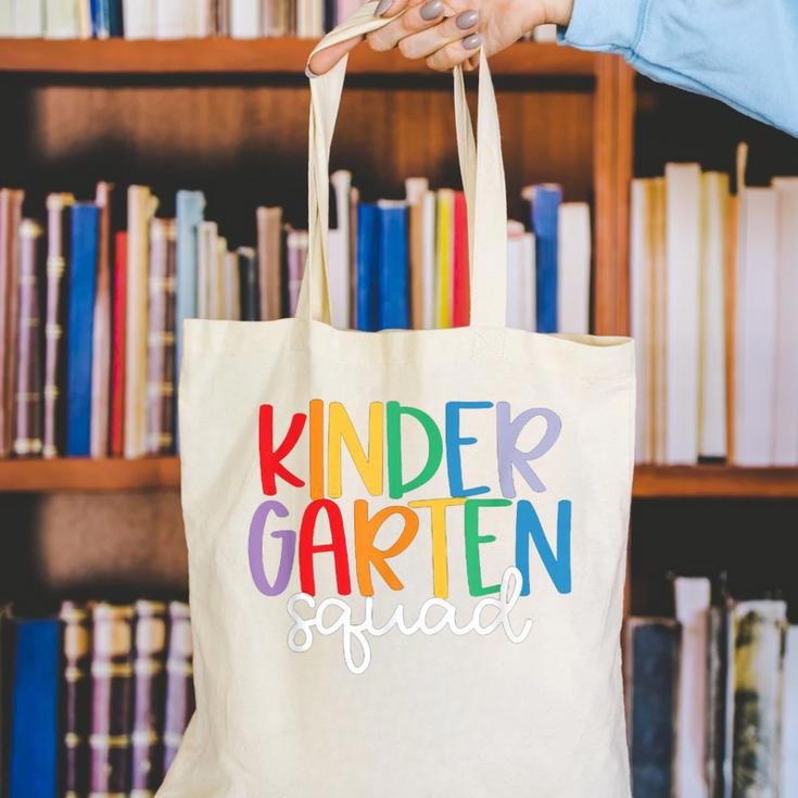 Kindergarten Squad Team Crew Teacher Back To School Canvas Tote Bag, funny gift