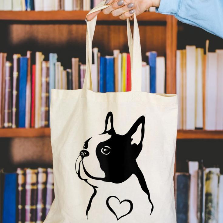 I Love My Boston Terrier Dog With Heart Canvas Tote Bag, funny gift