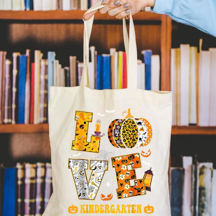 LOVE Kindergarten Pumpkin Teacher Student Halloween Costume Canvas Tote Bag, funny gift