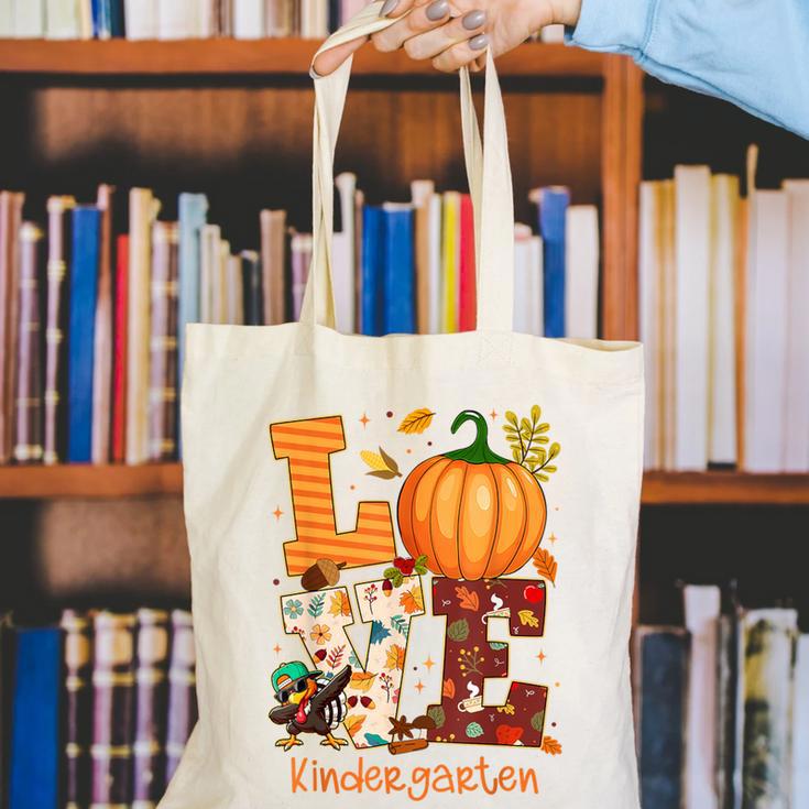 Love Kindergarten Teacher Turkey Thanksgiving Autumn Fall Canvas Tote Bag, funny gift