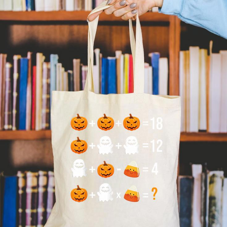 Math Teacher Halloween Equation Pumpkin Ghost Candy Corn Canvas Tote Bag, funny gift Math Teacher Halloween Equation Pumpkin Ghost Candy Corn Canvas Tote Bag, funny gift