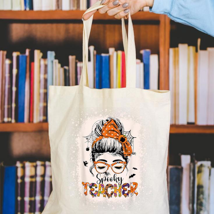 Messy Bun Spooky Teacher Bleached Halloween Teachers Canvas Tote Bag, funny gift