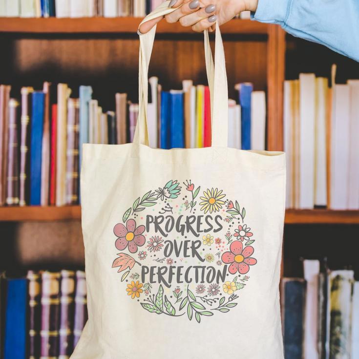 Motivational Progress Over Perfection Back To School Teacher Canvas Tote Bag, funny gift Motivational Progress Over Perfection Back To School Teacher Canvas Tote Bag, funny gift