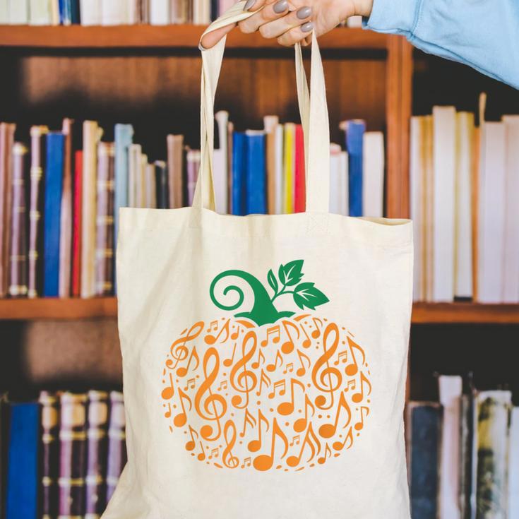 Music Notes Pumpkin Music Teacher Halloween Canvas Tote Bag, funny gift