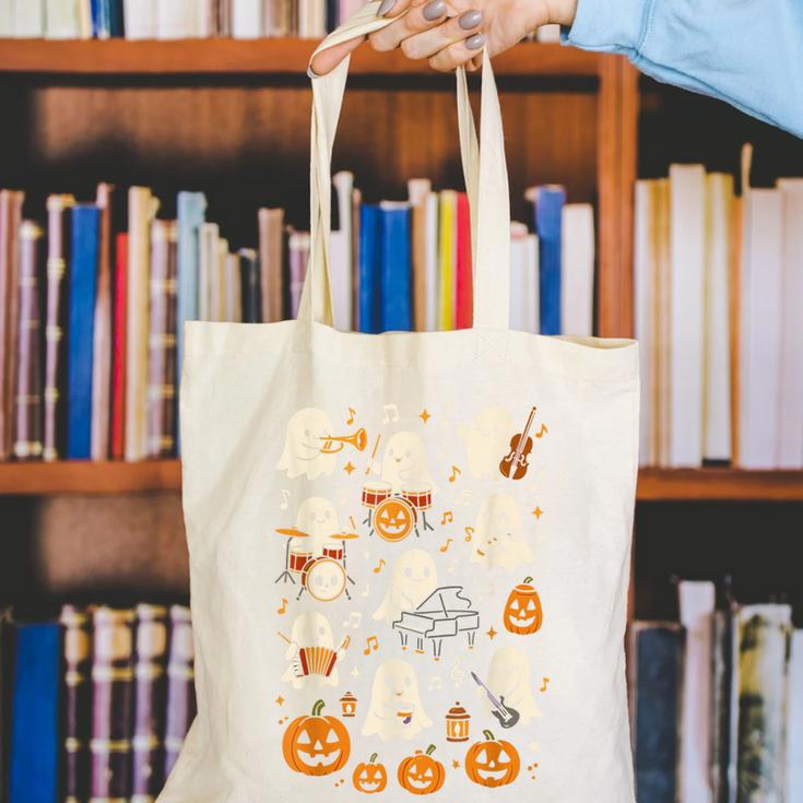 Music Teacher Orchestra Shirt Spooky Halloween Ghost Band Canvas Tote Bag, funny gift