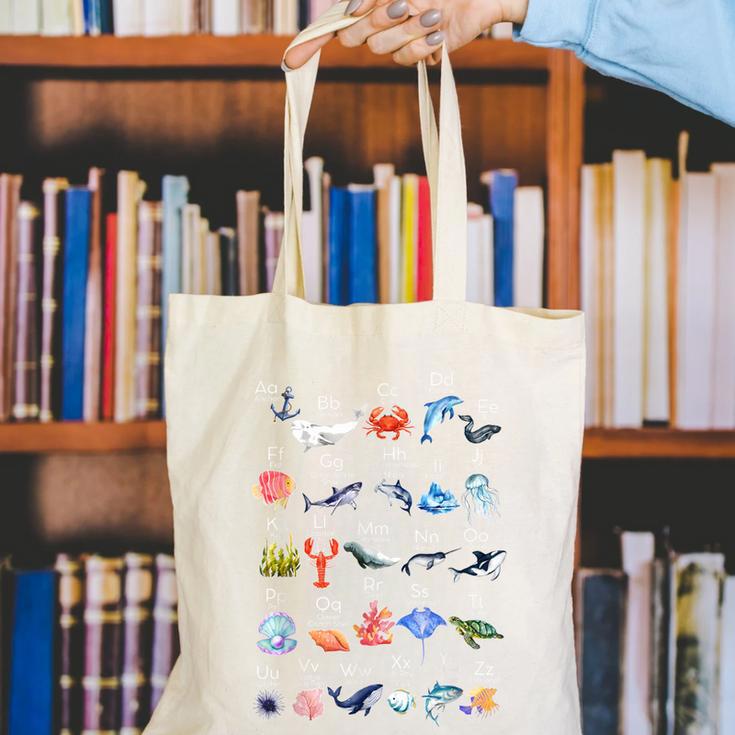Ocean Animals Alphabet Cute Sea Life ABC Marine Kids Teacher Canvas Tote Bag, funny gift