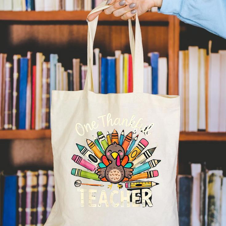 One Thankful Teacher Cute Thanksgiving Turkey School Canvas Tote Bag, funny gift