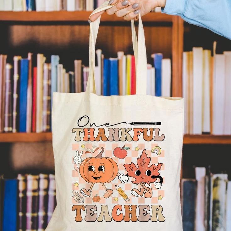 One Thankful Teacher Thanksgiving Groovy Fall Autumn Teacher Canvas Tote Bag, Groovy Teacher Tote Bags, funny gift