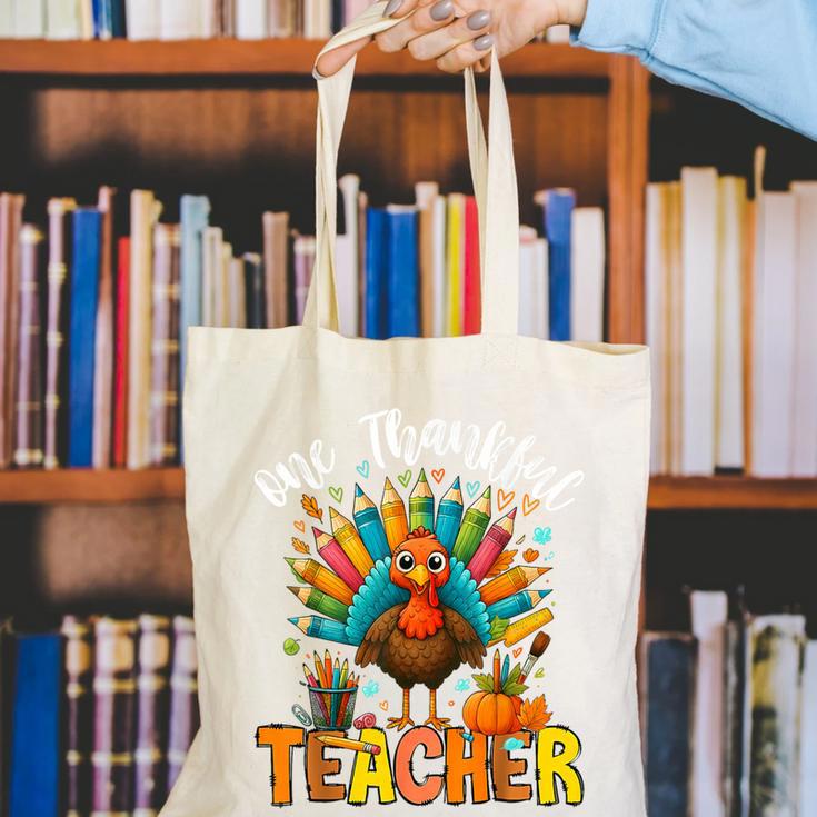 One Thankful Teacher Thanksgiving Turkey Cute Crayon Pencil Canvas Tote Bag, funny gift