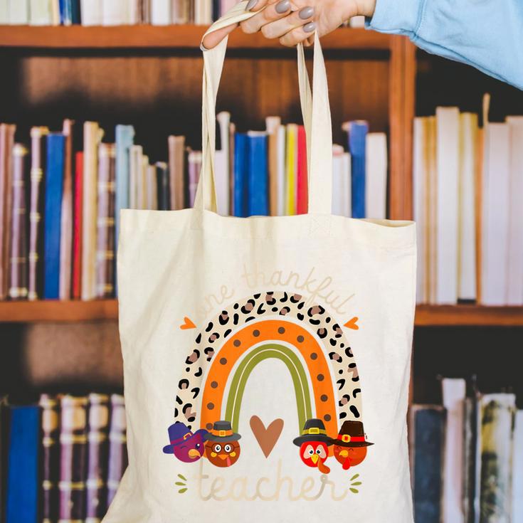 One Thankful Teacher Thanksgiving Turkey Rainbow Fall Canvas Tote Bag, funny gift