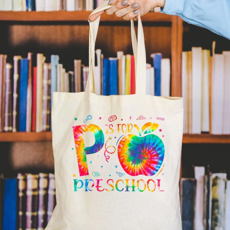 P Is For Preschool Tie Dye Back To School Teacher Men Women Girls Kids Canvas Tote Bag, funny gift P Is For Preschool Tie Dye Back To School Teacher Men Women Girls Kids Canvas Tote Bag, funny gift