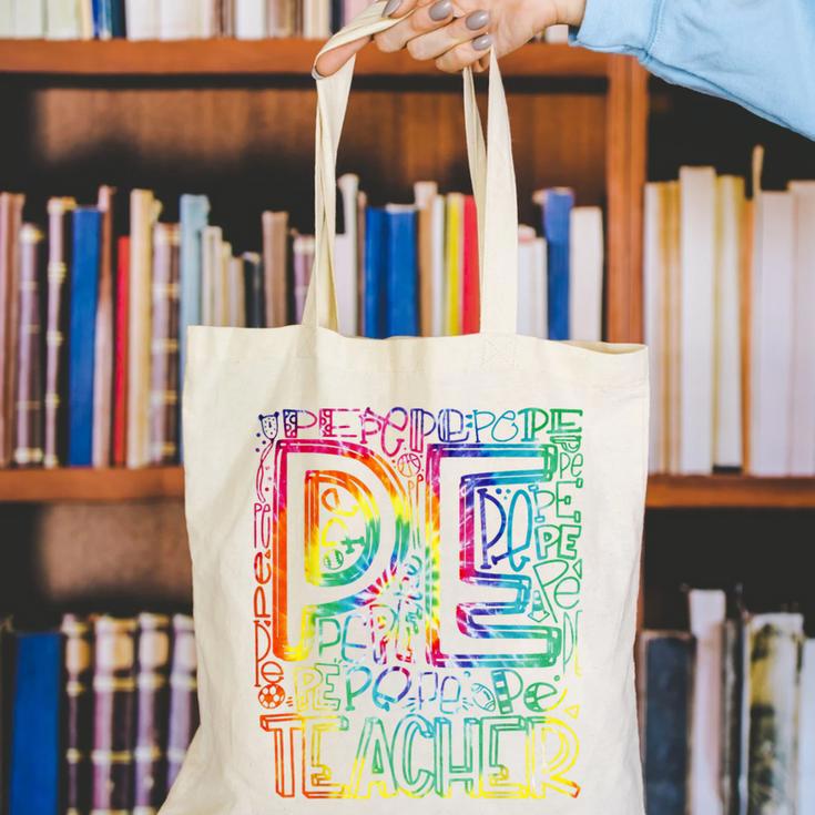 PE Teacher Phys Ed Tie Dye Physical Education Appreciation Canvas Tote Bag, Pe Teacher Tote Bags, funny gift