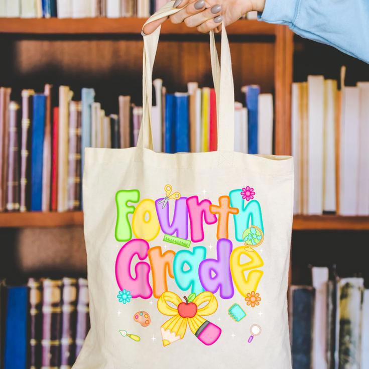Preppy Fourth Grade Back To School 4th Grade Teacher Girls Canvas Tote Bag, 4th Grade Teacher Tote Bags, funny gift