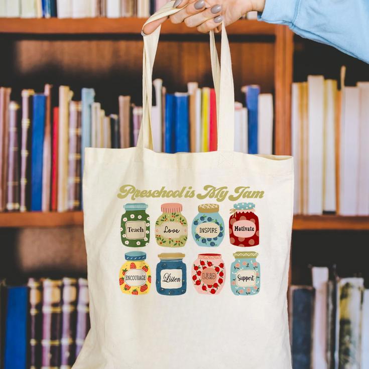 Preschool Is My Jam Retro Preschool Teacher Back To School Canvas Tote Bag, funny gift