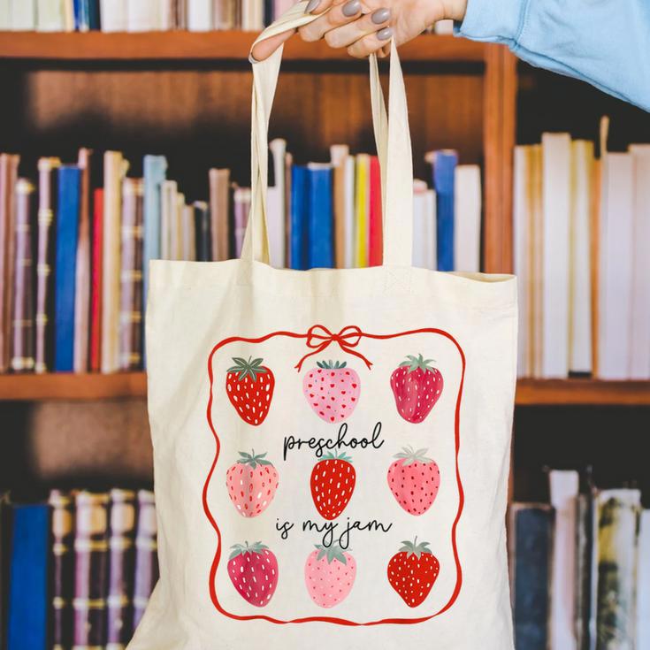 Preschool Is My Jam Strawberry Teacher First Day Of School Canvas Tote Bag, funny gift