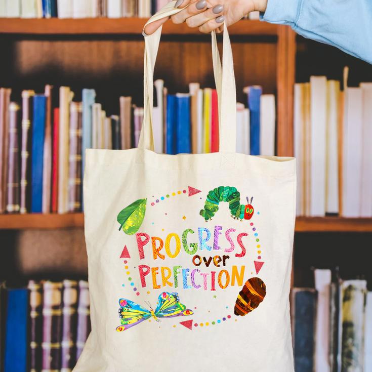 Progress Over Perfection Caterpillar Teacher Back To School Canvas Tote Bag, funny gift Progress Over Perfection Caterpillar Teacher Back To School Canvas Tote Bag, funny gift