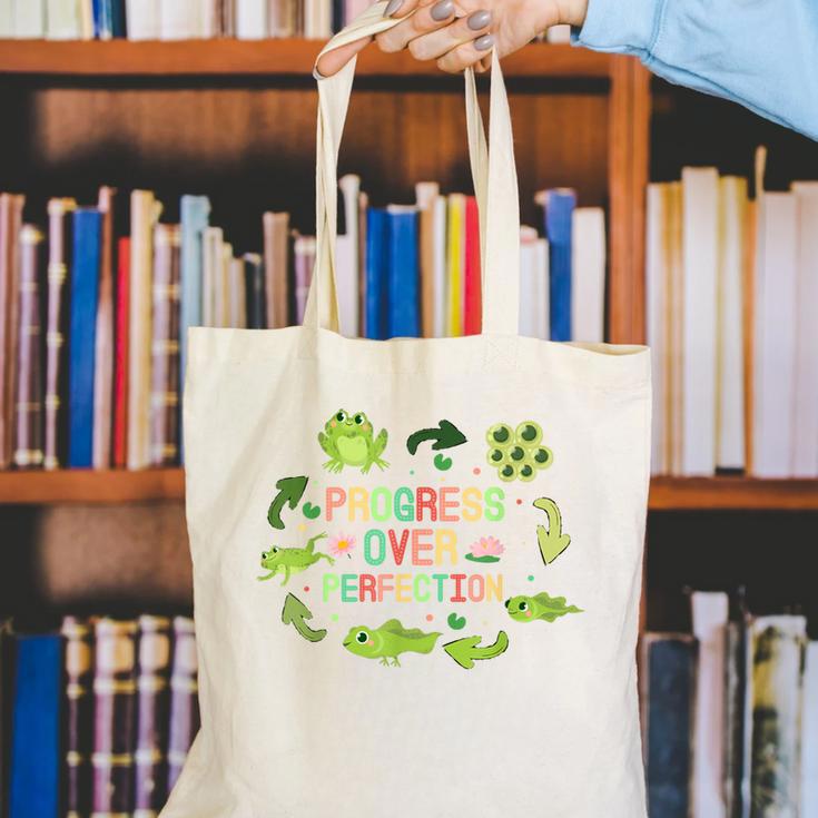 Progress Over Perfection Frog Back To School Teacher Canvas Tote Bag, funny gift