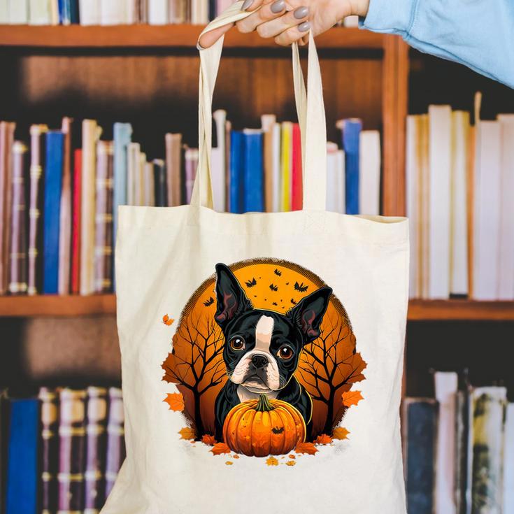 Pumpkin Boston Terrier Costume On Boston Terrier Halloween Canvas Tote Bag, Boston Terrier Halloween Tote Bags, funny gift