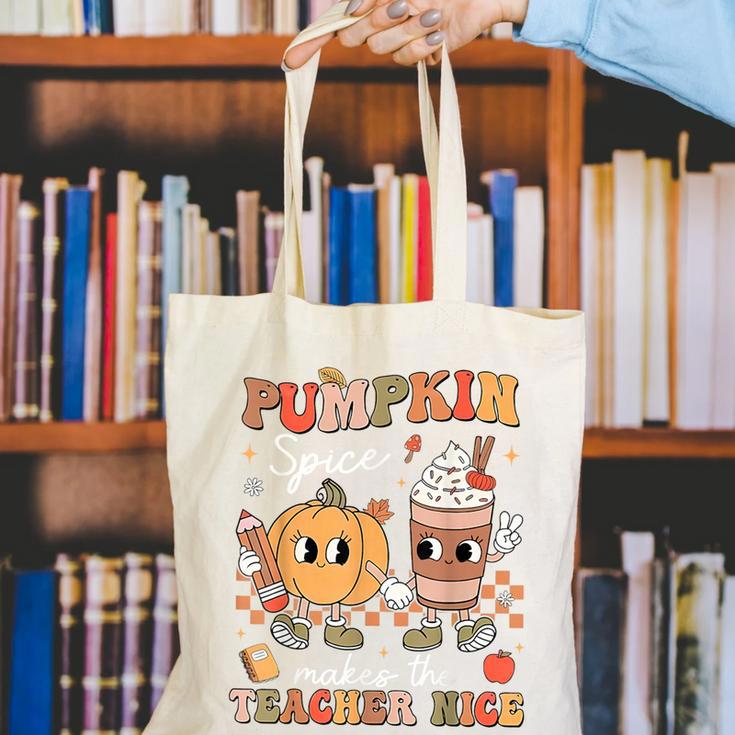 Pumpkin Spice Makes Teacher Nice Retro Fall Spooky Season Canvas Tote Bag, funny gift Pumpkin Spice Makes Teacher Nice Retro Fall Spooky Season Canvas Tote Bag, funny gift