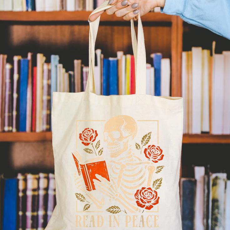 Read In Peace Skeleton Reading Book Halloween Teacher Canvas Tote Bag, funny gift