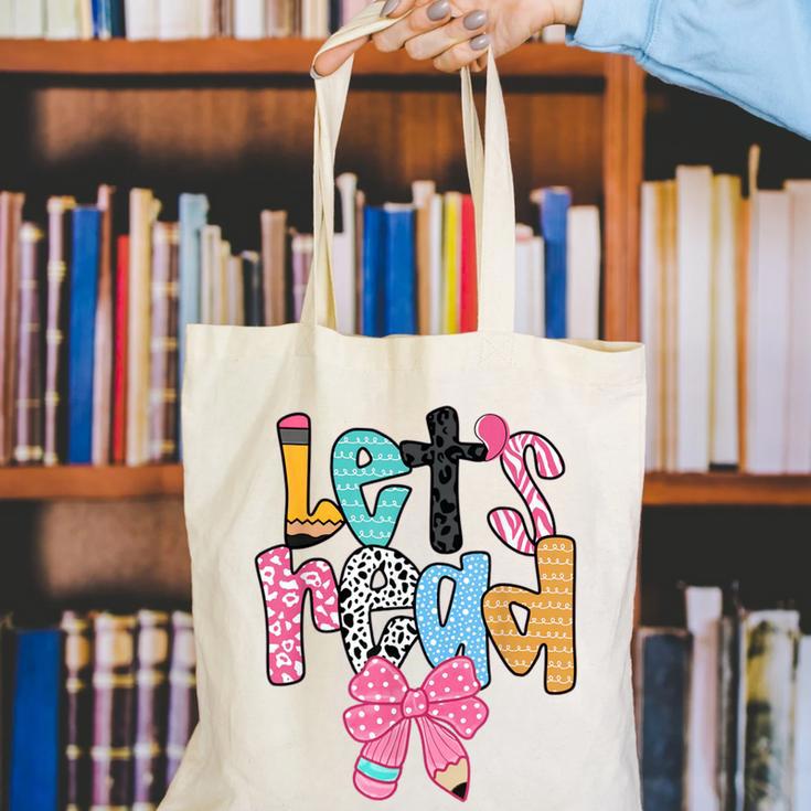 Lets Read Reading Teacher Back To School Literacy Pencil Bow Canvas Tote Bag, funny gift