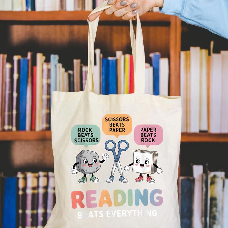 Reading Beats Everything Teacher Rock Paper Scissors Canvas Tote Bag, funny gift Reading Beats Everything Teacher Rock Paper Scissors Canvas Tote Bag, funny gift