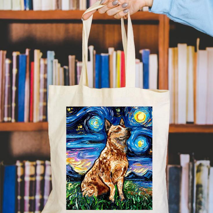 Red Heeler Starry Night Cattle Dog Colorful Art By Aja For Men Women Girls Kids Canvas Tote Bag, funny gift
