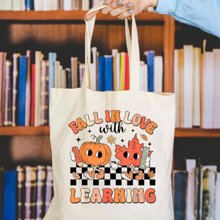 Retro Fall In Love With Learning Autumn Pumpkin Teacher Canvas Tote Bag, funny gift