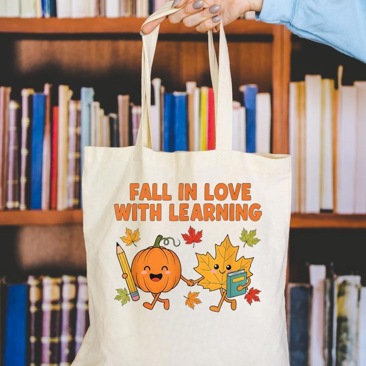 Retro Fall In Love With Learning Autumn Pumpkin Teacher Canvas Tote Bag, funny gift