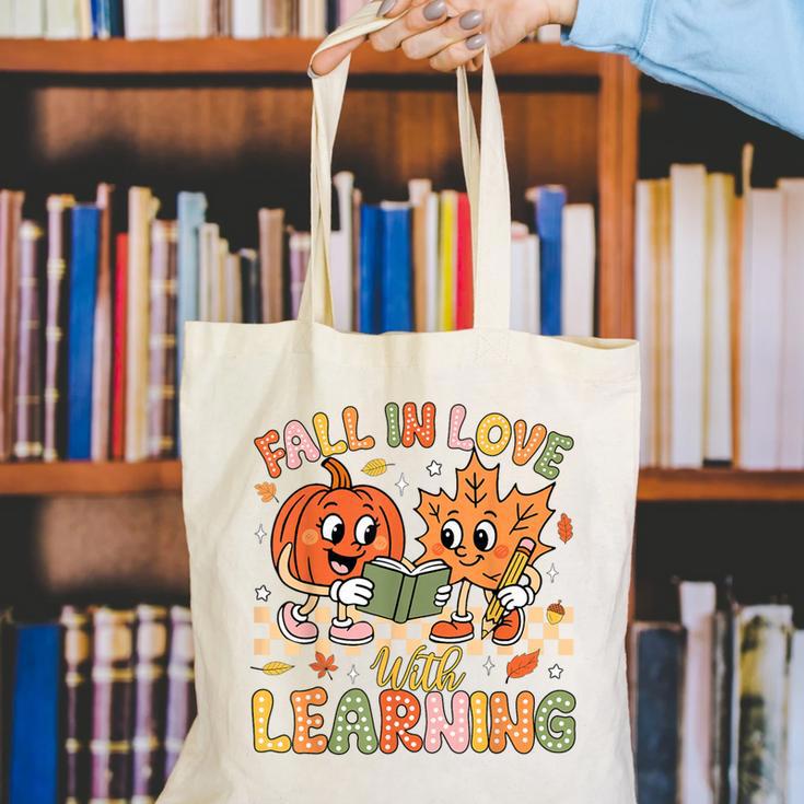 Retro Fall In Love With Learning Autumn Pumpkin Teacher Kids Canvas Tote Bag, funny gift Retro Fall In Love With Learning Autumn Pumpkin Teacher Kids Canvas Tote Bag, funny gift