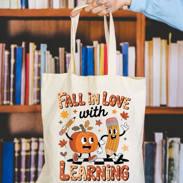 Retro Fall In Love With Learning Autumn Pumpkin Teacher Kids Canvas Tote Bag, funny gift Retro Fall In Love With Learning Autumn Pumpkin Teacher Kids Canvas Tote Bag, funny gift