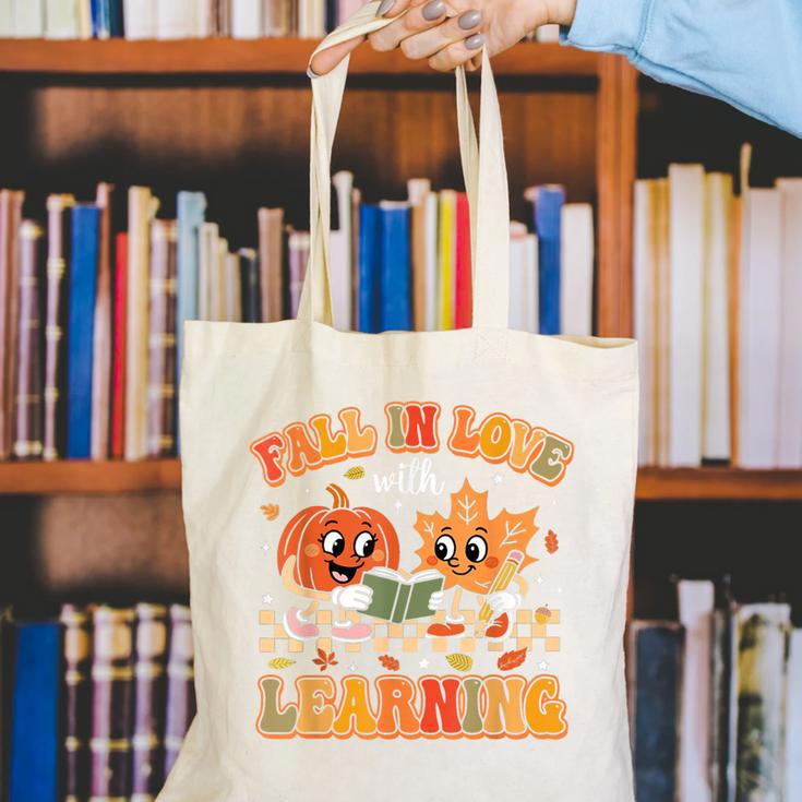 Retro Fall In Love With Learning Autumn Pumpkin Teachers Canvas Tote Bag, funny gift