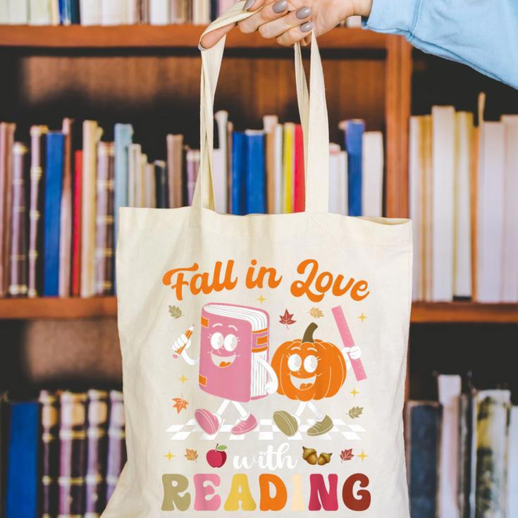 Retro Fall In Love With Learning Pumpkin Autumn Teacher Canvas Tote Bag, funny gift