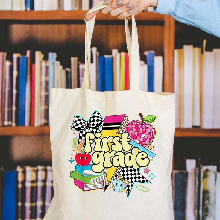 Retro First Grade Teacher Disco Ball Coquette Back To School Canvas Tote Bag, First Grade Teacher Tote Bags, funny gift Retro First Grade Teacher Disco Ball Coquette Back To School Canvas Tote Bag, First Grade Teacher Tote Bags, funny gift