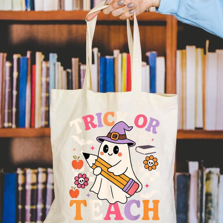 Retro Floral Ghost Trick Or Teach Groovy Teacher Halloween Canvas Tote Bag, Groovy Teacher Tote Bags, funny gift Retro Floral Ghost Trick Or Teach Groovy Teacher Halloween Canvas Tote Bag, Groovy Teacher Tote Bags, funny gift