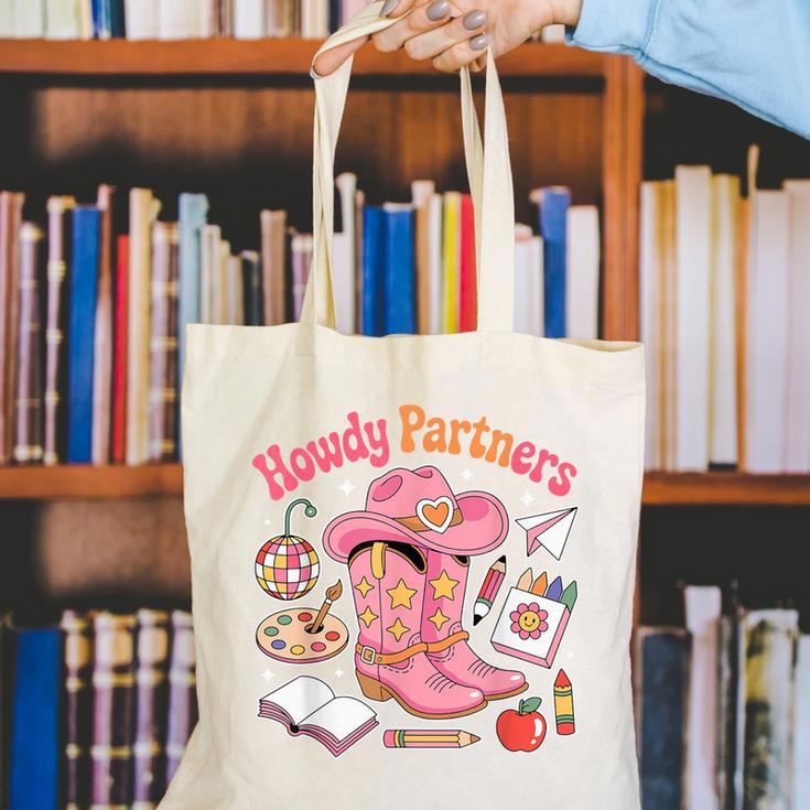 Retro Howdy Partners Cowgirl Cowboy Teacher Back To School Canvas Tote Bag, funny gift