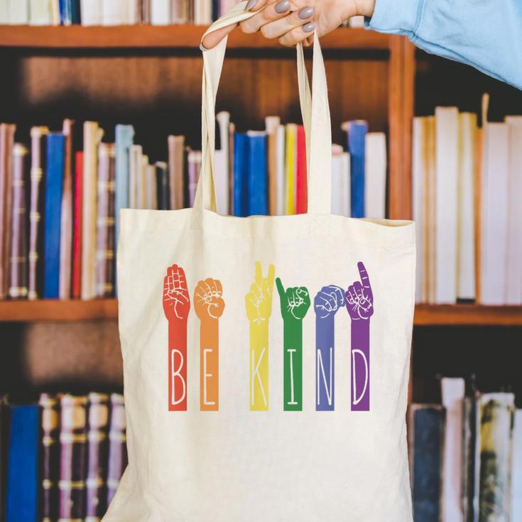 Retro Be Kind ASL Deaf Teacher Sign Language Gay Pride Canvas Tote Bag, funny gift Retro Be Kind ASL Deaf Teacher Sign Language Gay Pride Canvas Tote Bag, funny gift