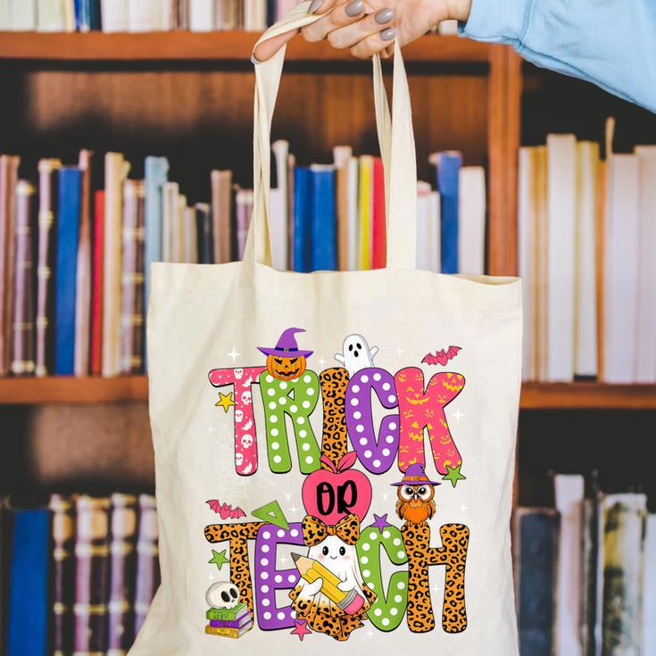 Retro Trick Or Teach Leopard Ghost Halloween Spooky Teacher Canvas Tote Bag, funny gift Retro Trick Or Teach Leopard Ghost Halloween Spooky Teacher Canvas Tote Bag, funny gift